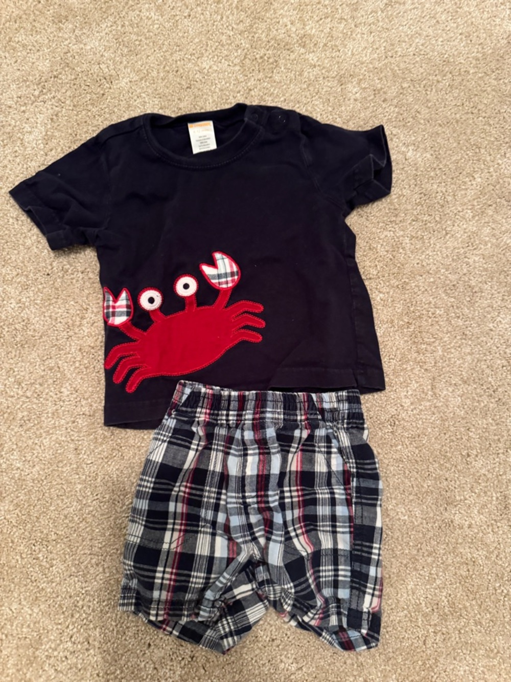 Navy Crab Appliqué Kids Set - Short Sleeve Top & Plaid Shorts - 4th of July